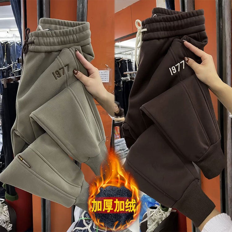 European fleece-lined Thickened Leg Leg Casual Pants for Women 2024 Autumn and Winter Loose High Waist Slimming All-match Leg Haren Pants for Women Black velvet and thickened - Image 3