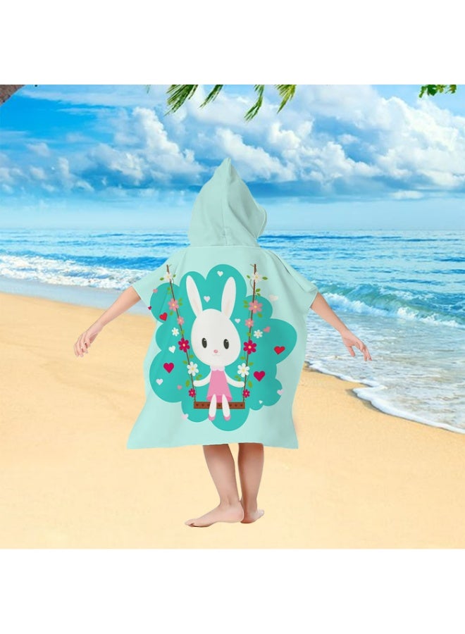 Kids' Hooded Quick-Dry Poncho Towel, Mint Green with Swinging Rabbit Print - Image 4