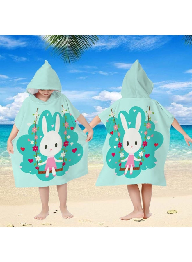 Kids' Hooded Quick-Dry Poncho Towel, Mint Green with Swinging Rabbit Print - Image 1