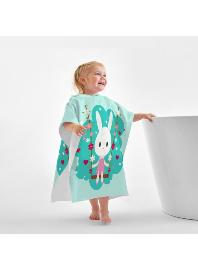 Kids' Hooded Quick-Dry Poncho Towel, Mint Green with Swinging Rabbit Print - Image 3