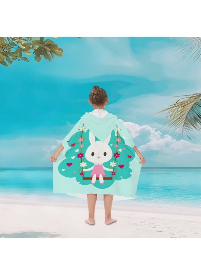 Kids' Hooded Quick-Dry Poncho Towel, Mint Green with Swinging Rabbit Print - Image 5