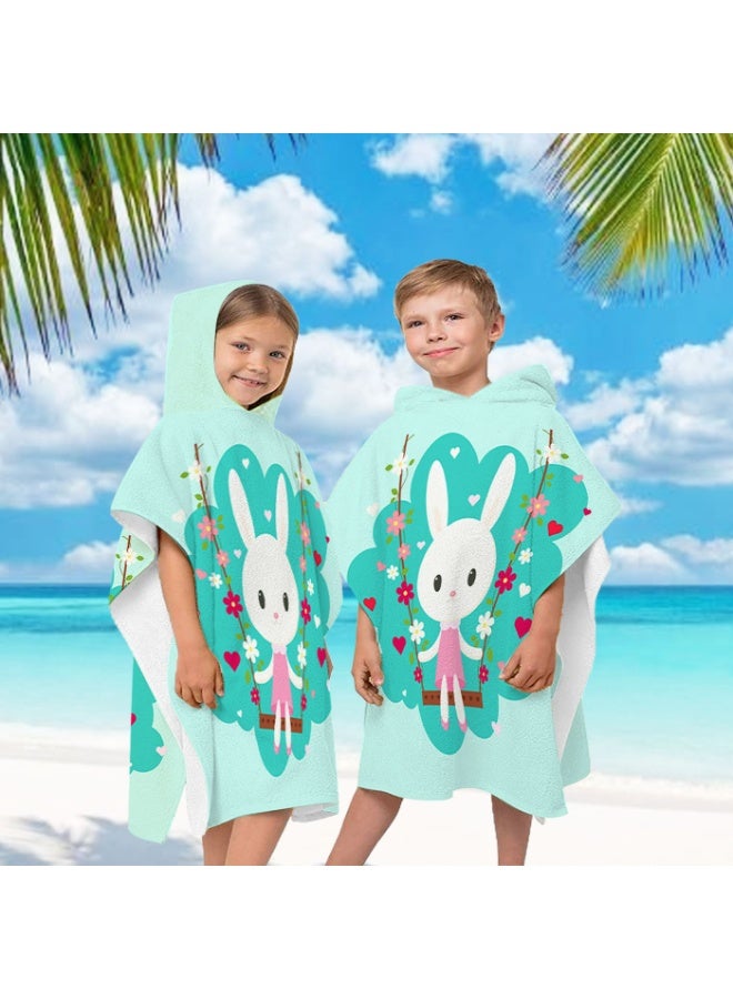 Kids' Hooded Quick-Dry Poncho Towel, Mint Green with Swinging Rabbit Print - Image 2