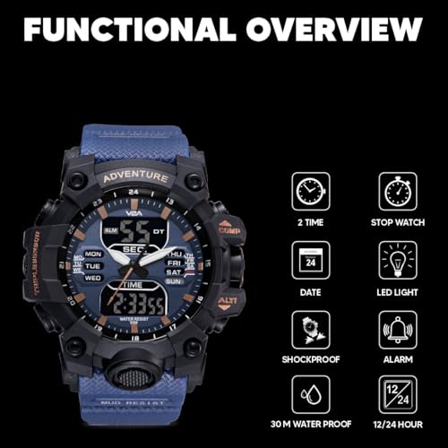 V2A Bold & Big Dial Analog-Digital Sports Watch for Men | Multifunction Military Wristwatch | Gift for Men (Blue-Black) - Image 3