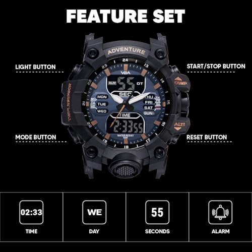 V2A Bold & Big Dial Analog-Digital Sports Watch for Men | Multifunction Military Wristwatch | Gift for Men (Blue-Black) - Image 4