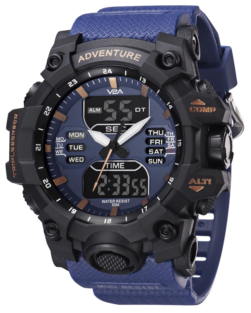 V2A Bold & Big Dial Analog-Digital Sports Watch for Men | Multifunction Military Wristwatch | Gift for Men (Blue-Black) - Image 1