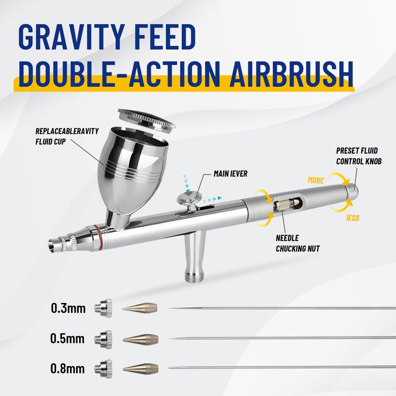 Fengda Timbertech Multi-Purpose Airbrush Set, AG-183K Dual-Action Gravity Feed Airbrush Kits with 0.3/0.5/0.8mm Needles, 2/5/13CC Fluid Cup for Cake Decorating, Painting, Tattoo, Models Art - Image 2