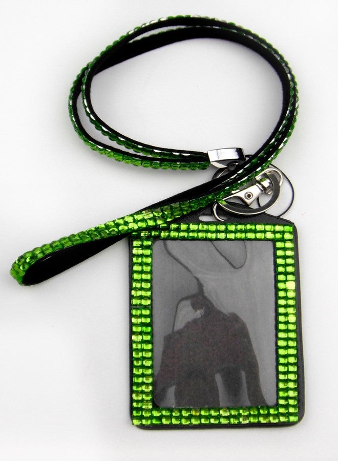 All In One Rhinestone Lanyard Bling Crystal Necklace + Card Holder for Id/Key/Cell Phone (Green) - Image 1