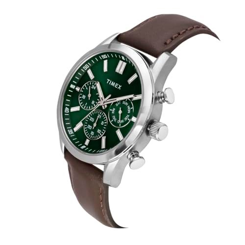 TIMEX Analog Watch for Man with Green Round Dial & Brown Leather Strap Band Water Resistant Men's Wrist Watches - TWEG17614 - Image 2