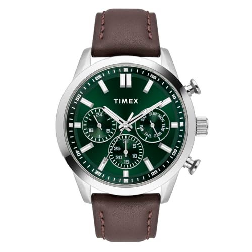 TIMEX Analog Watch for Man with Green Round Dial & Brown Leather Strap Band Water Resistant Men's Wrist Watches - TWEG17614 - Image 1