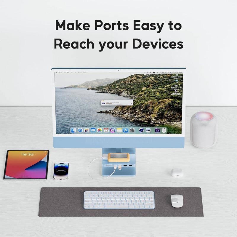PULWTOP إكسسوارات iMac لأجهزة iMac 2021/2023، محور USB C من لـ iMac مع USB A/C 10 جيجابت/ثانية، محور iMac لـ M1/M3، منفذي USB A 2.0، قارئ بطاقات SD/TF لـ iMac 24 بوصة وشاشة Studio Display 2 أزرق - Image 4
