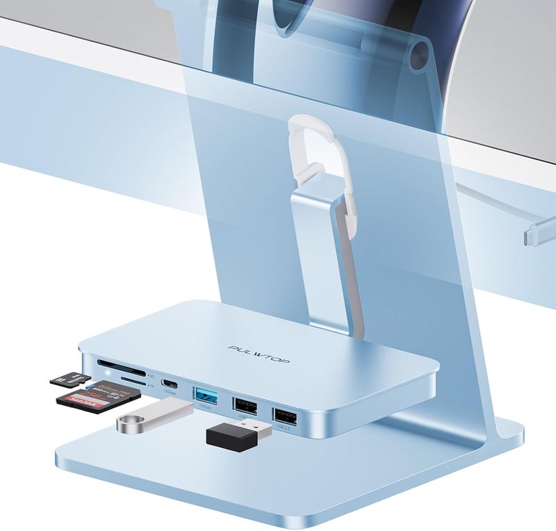 PULWTOP إكسسوارات iMac لأجهزة iMac 2021/2023، محور USB C من لـ iMac مع USB A/C 10 جيجابت/ثانية، محور iMac لـ M1/M3، منفذي USB A 2.0، قارئ بطاقات SD/TF لـ iMac 24 بوصة وشاشة Studio Display 2 أزرق - Image 1