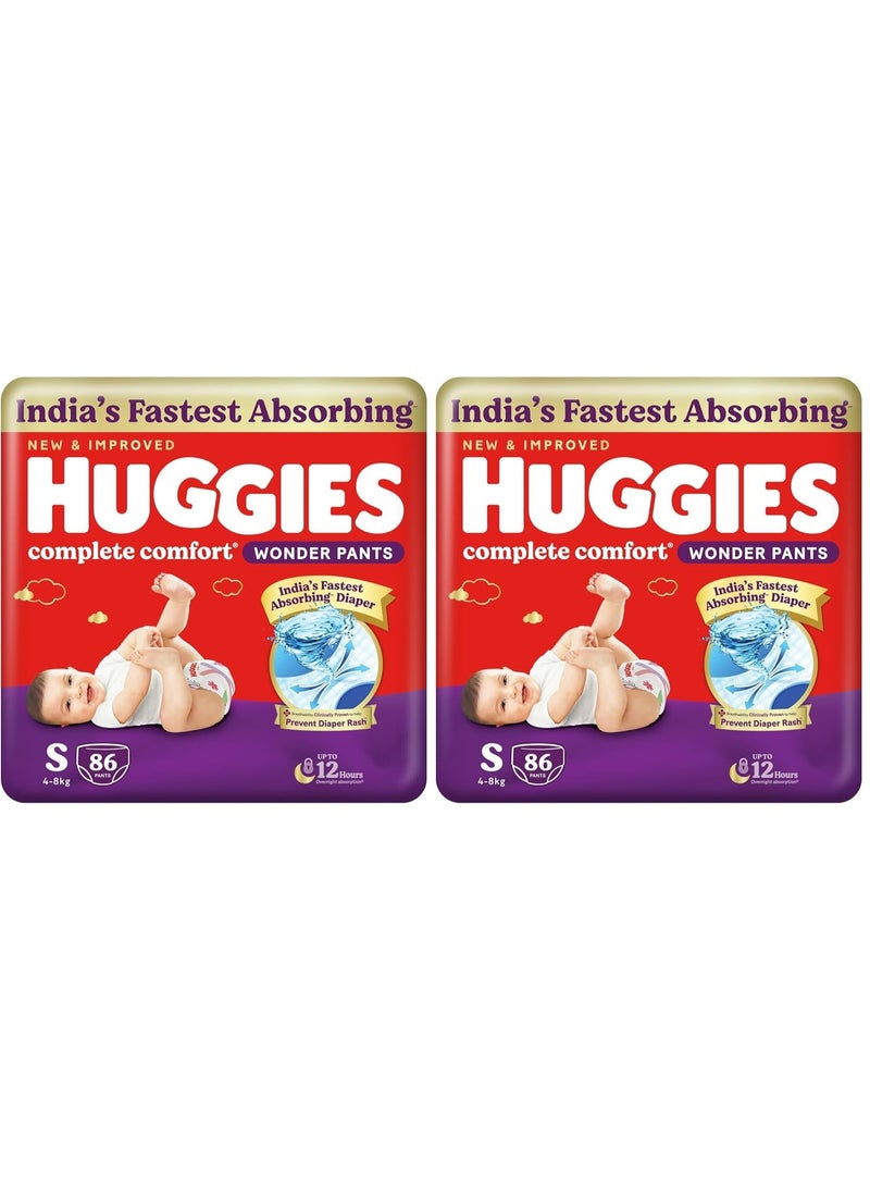 Huggies Complete Comfort Wonder Pants | Pant Style Baby Diapers Small Size (S), 86 Count | India's Fastest Absorbing Diaper, Prevents Diaper Rash, Ideal for 4 to 8 Kgs (Pack of 2) - Image 1