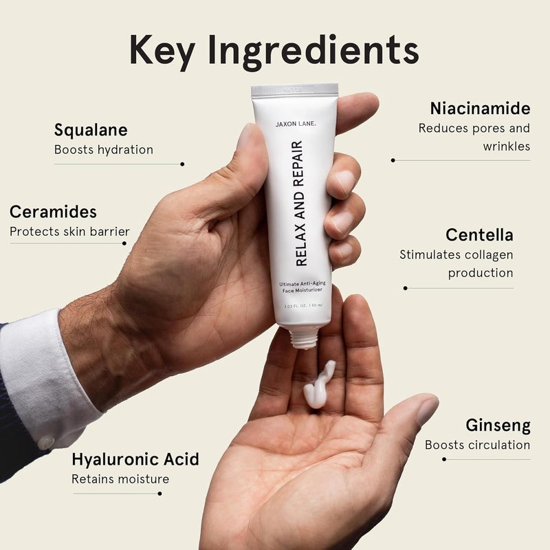 JAXON LANE RELAX AND REPAIR Anti Aging Face Moisturizer for Men Anti Wrinkle Cream Night Cream Eye Cream with Niacinamide Vitamin B3 Hyaluronic Acid Vitamin E Ceramides For Skin 2Tubes - Image 3