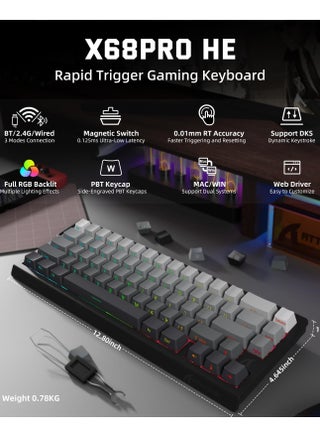 لوحة مفاتيح ألعاب لاسلكية X68PRO HE 60% سريعة التشغيل مع تشغيل قابل للتعديل، معدل اقتراع 8K، مفتاح مغناطيسي بتأثير هول، تبديل سريع، إضاءة خلفية RGB، بلوتوث/2.4 جيجاهرتز/سلكي، لألعاب FPS - ليلة مقمرة - view 2