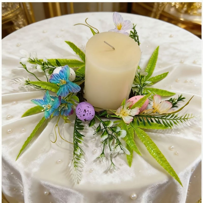 Set of 2 Bohemian Artificial Easter Egg Wreaths with Faux Grass Leaves for Home Wedding Table Decor - Image 1