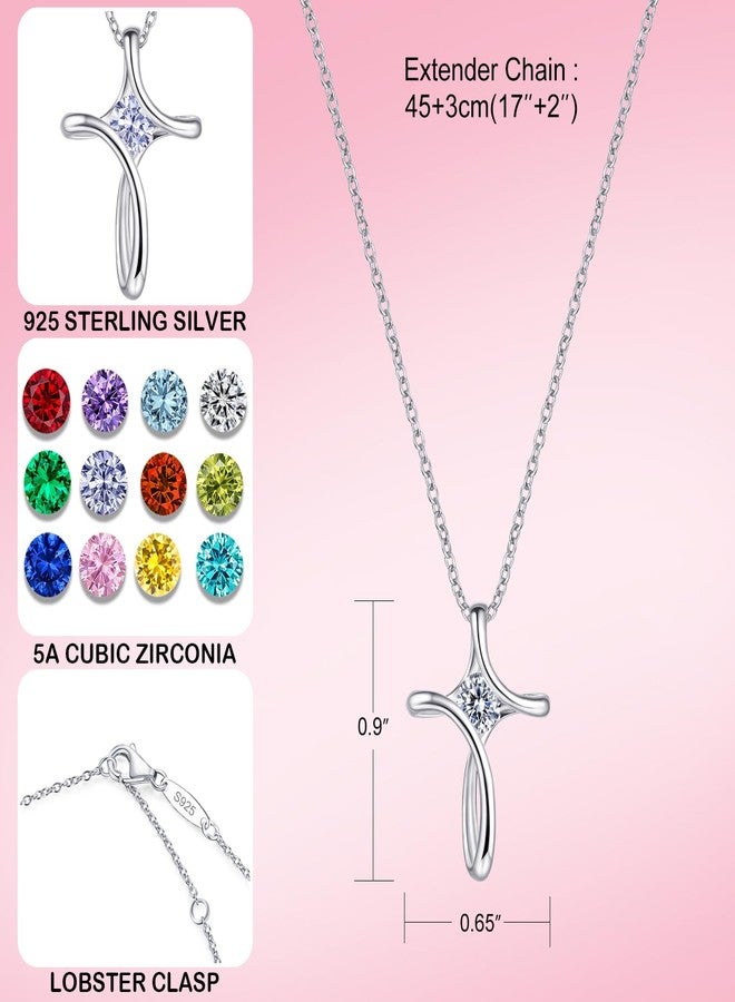 NINAMAID Cross Necklace for Women, 925 Sterling Silver Birthstone Necklace for Women with Diamond Sideways Cross Necklace Birthstone Jewelry Birthday Gifts for Women - Image 4