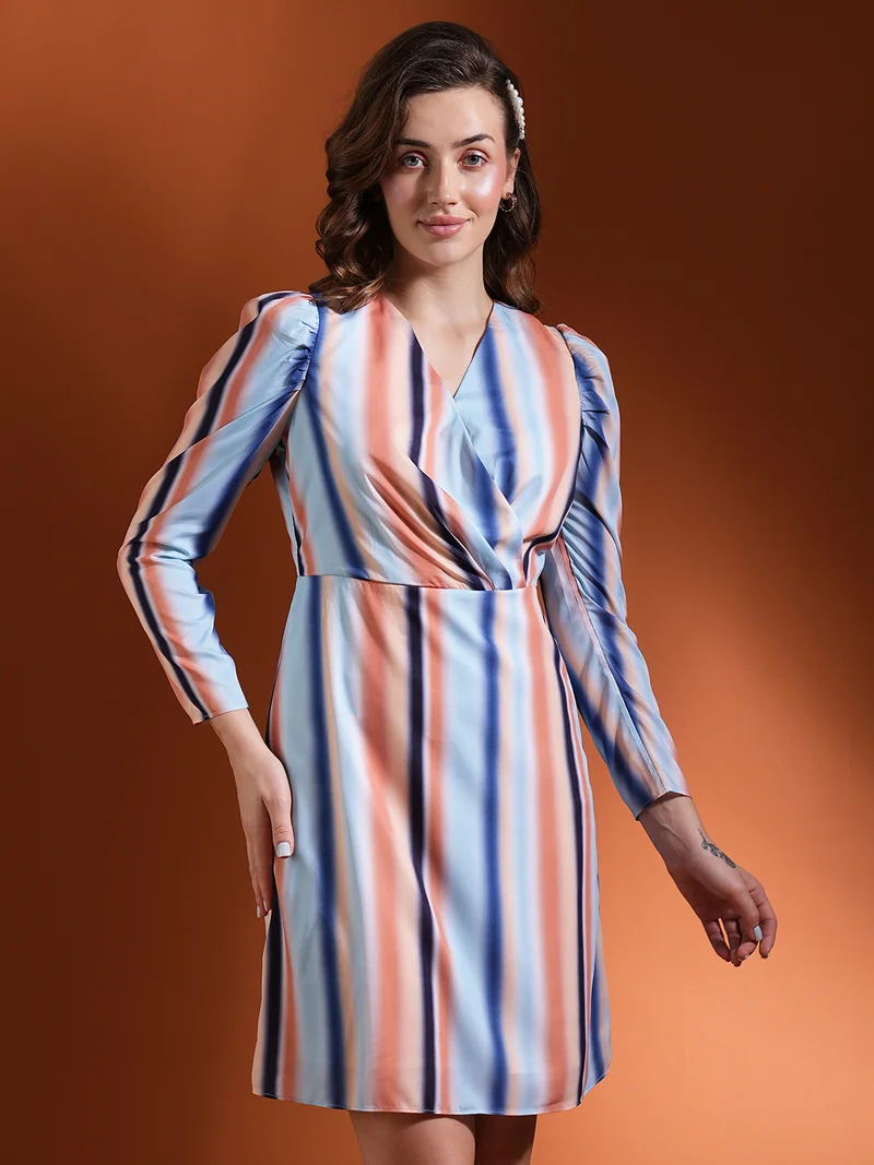 globus Women Striped V-Neck Crepe Wrap Dress