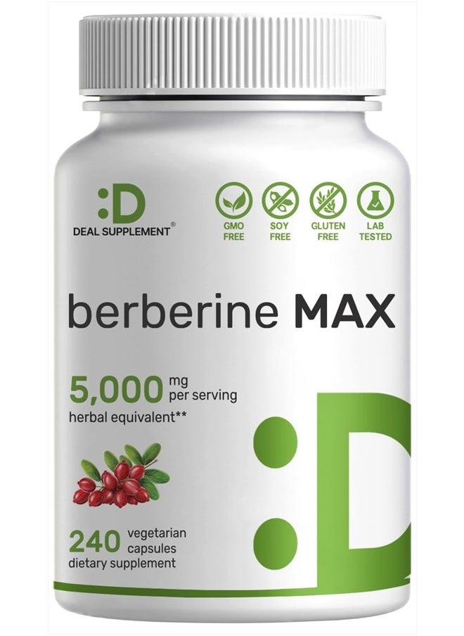 DEAL SUPPLEMENT Berberine Max Supplement, 5,000mg Per Serving, 240 Veggie Capsules – 97% Pure Berberine HCL – 25:1 Root Extract – Vegetarian Friendly, Non-GMO  - Image 1