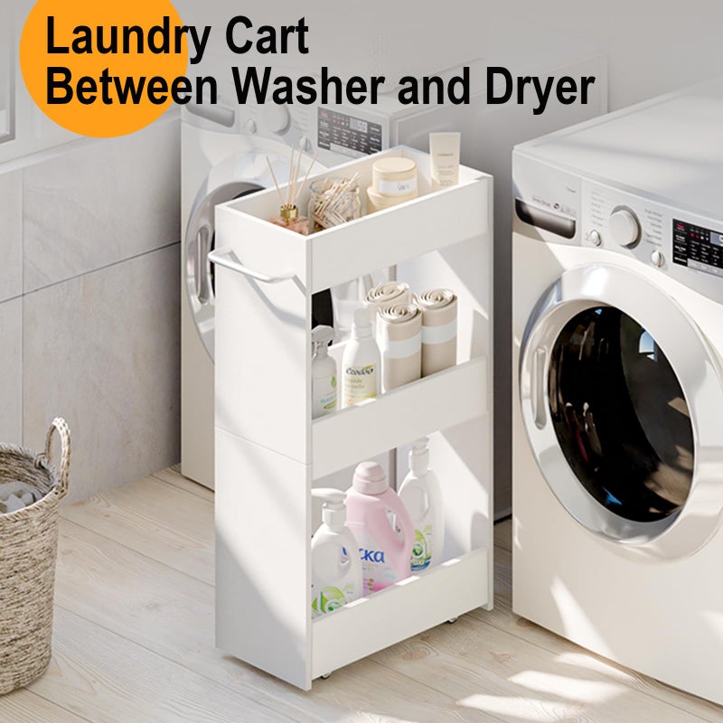 MARTY Wood Rolling Storage Cart 7.9" W, 3 Tier White Slim Utility Kitchen Cart on Wheels Laundry Room Bathroom Organizers Narrow Shelves with Handle Mobile Shelving Unit for Small Places - Image 3