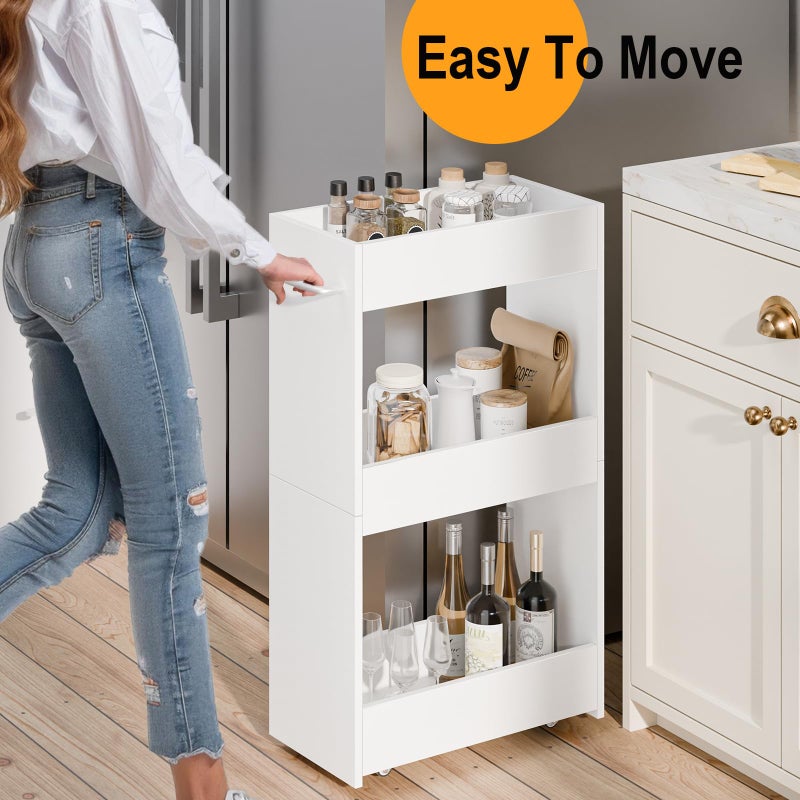 MARTY Wood Rolling Storage Cart 7.9" W, 3 Tier White Slim Utility Kitchen Cart on Wheels Laundry Room Bathroom Organizers Narrow Shelves with Handle Mobile Shelving Unit for Small Places - Image 2