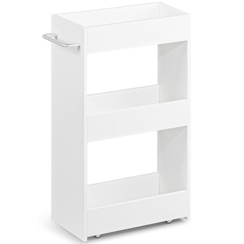MARTY Wood Rolling Storage Cart 7.9" W, 3 Tier White Slim Utility Kitchen Cart on Wheels Laundry Room Bathroom Organizers Narrow Shelves with Handle Mobile Shelving Unit for Small Places - Image 1