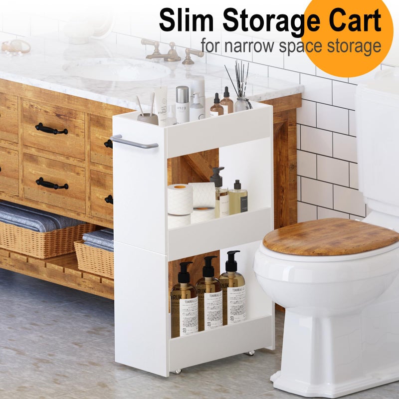 MARTY Wood Rolling Storage Cart 7.9" W, 3 Tier White Slim Utility Kitchen Cart on Wheels Laundry Room Bathroom Organizers Narrow Shelves with Handle Mobile Shelving Unit for Small Places - Image 4
