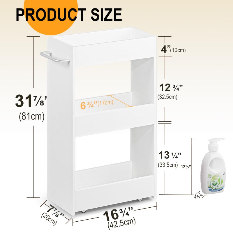MARTY Wood Rolling Storage Cart 7.9" W, 3 Tier White Slim Utility Kitchen Cart on Wheels Laundry Room Bathroom Organizers Narrow Shelves with Handle Mobile Shelving Unit for Small Places - Image 5