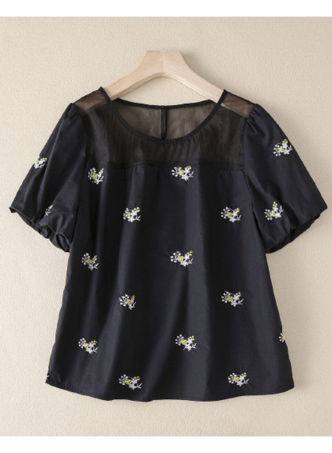 XINYANG Summer Simple Sweet Short-sleeve Women's Shirt Embroidered Floral Loose Casual Vacation Top - Image 1
