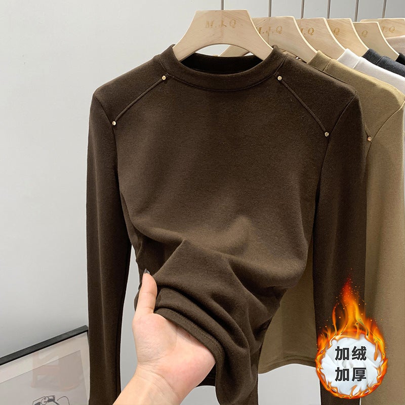 Patchwork fleece-lined bottoming shirt womens autumn and winter 2023 new all-match tight long-sleeved T-shirt solid color inner round neck top Dark coffee color - Image 1