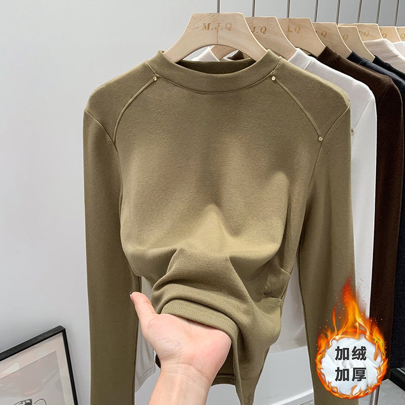 Patchwork fleece-lined bottoming shirt womens autumn and winter 2023 new all-match tight long-sleeved T-shirt solid color inner round neck top Dark coffee color - Image 3