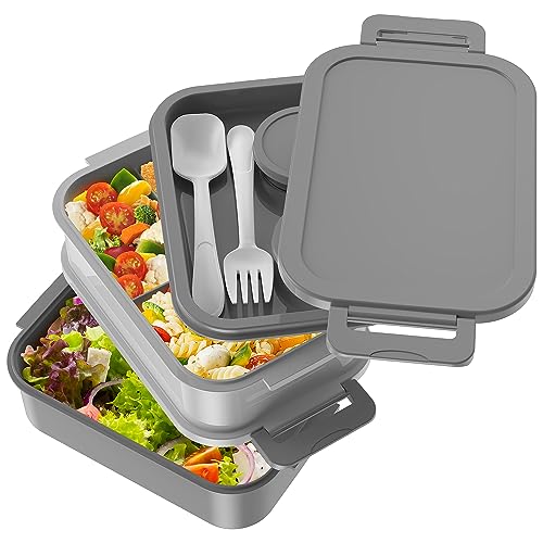 Jelife Adult Bento Box Lunch Box - 3 Layers Stackable Bento Lunch Box for Adults, 72oz Large-Style All-in-One Bento Boxes Leak-Proof Lunchbox with Utensil Sauce Containers for Dining Out,Work, Grey - Image 3