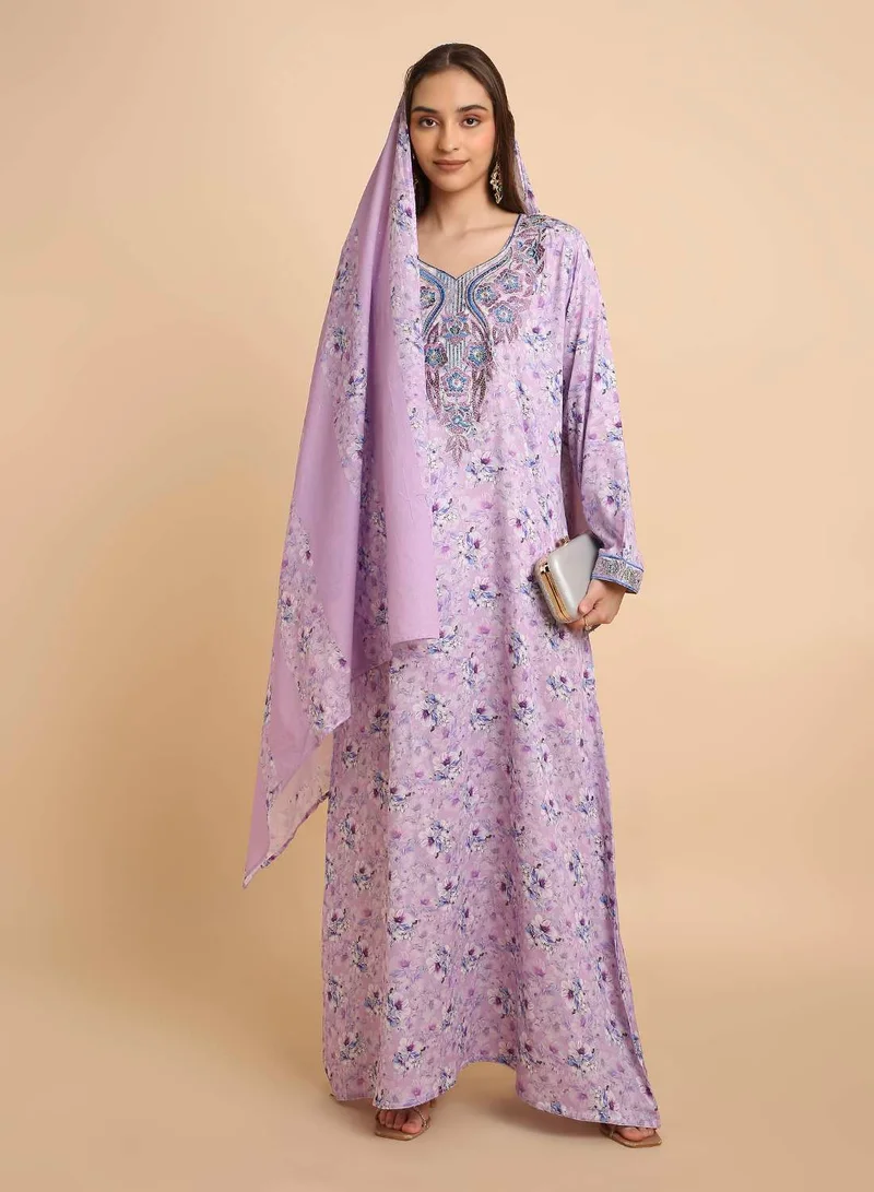 HANA & SARA Ethnic Style Arabic Mukhawar Jalabiya in Pure Giza Silk Cotton Dress with Head Scarf for Women's