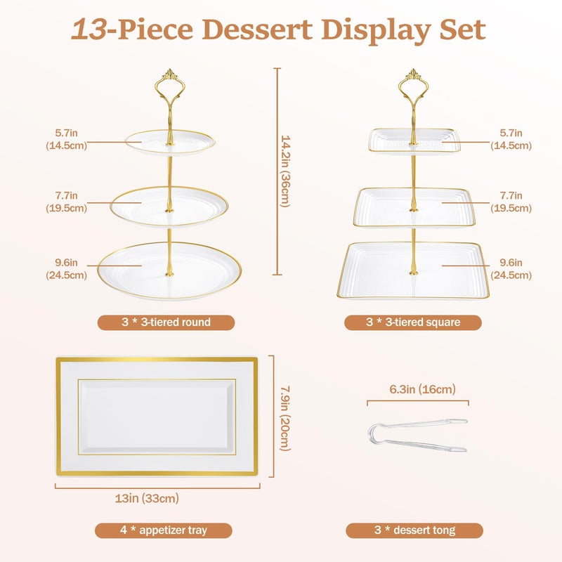 Lzerking 13pcs Dessert Table Display Set, 6 3-Tiered Cupcake Stands (3round & 3square) with 4 Trays & 3 Tongs, White Gold Plastic for Wedding, Tea Party, Baby Shower Decor, Birthday Party Decoration - Image 3