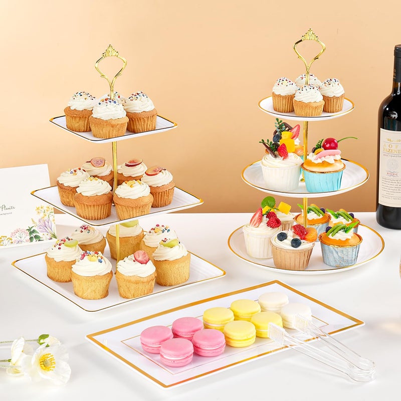 Lzerking 13pcs Dessert Table Display Set, 6 3-Tiered Cupcake Stands (3round & 3square) with 4 Trays & 3 Tongs, White Gold Plastic for Wedding, Tea Party, Baby Shower Decor, Birthday Party Decoration - Image 2