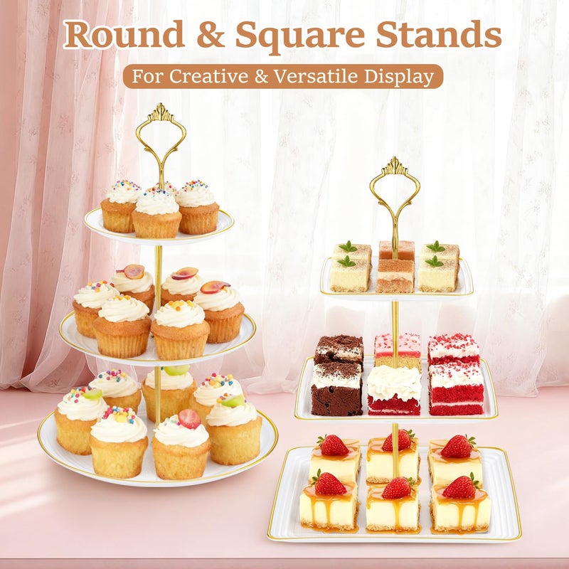 Lzerking 13pcs Dessert Table Display Set, 6 3-Tiered Cupcake Stands (3round & 3square) with 4 Trays & 3 Tongs, White Gold Plastic for Wedding, Tea Party, Baby Shower Decor, Birthday Party Decoration - Image 5