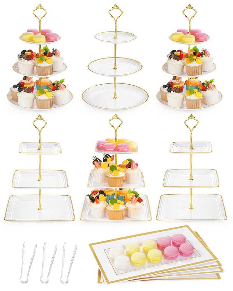 Lzerking 13pcs Dessert Table Display Set, 6 3-Tiered Cupcake Stands (3round & 3square) with 4 Trays & 3 Tongs, White Gold Plastic for Wedding, Tea Party, Baby Shower Decor, Birthday Party Decoration - Image 1