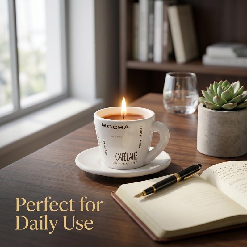 Coffee Scented Candle Set in Porcelain Cup with Holder – Reusable Cup – Elegant Office & Home Decor & Gifts for Coffee Lovers & Aroma Candles - Image 2
