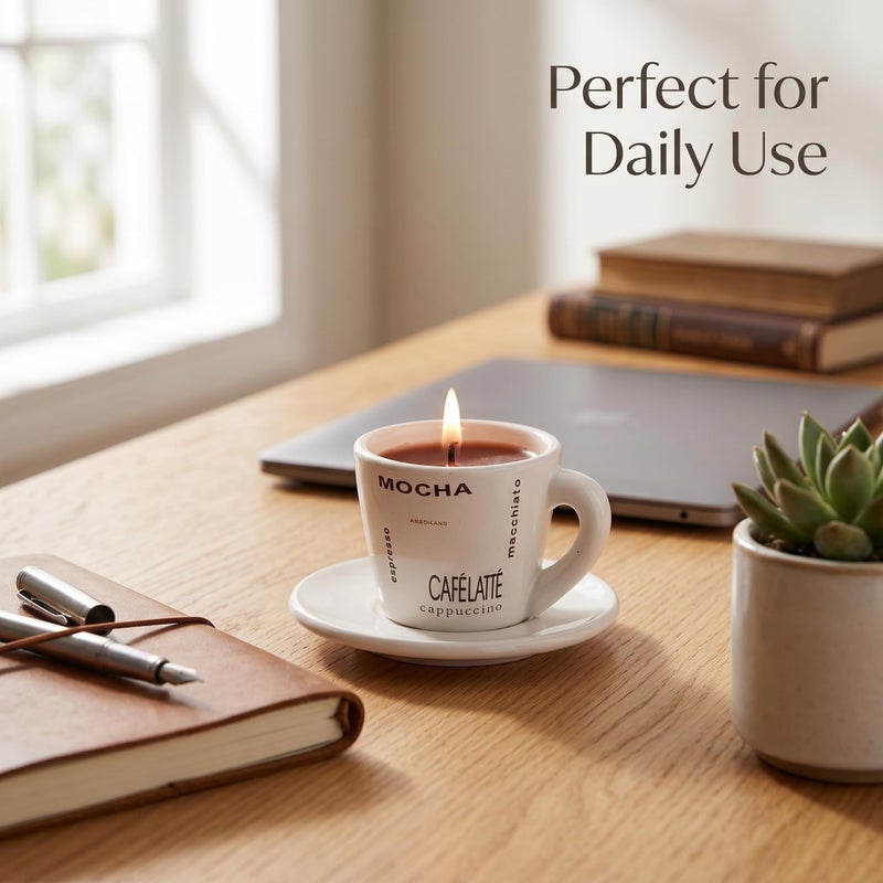 Coffee Scented Candle Set in Porcelain Cup with Holder – Reusable Cup – Elegant Office & Home Decor & Gifts for Coffee Lovers & Aroma Candles - Image 4