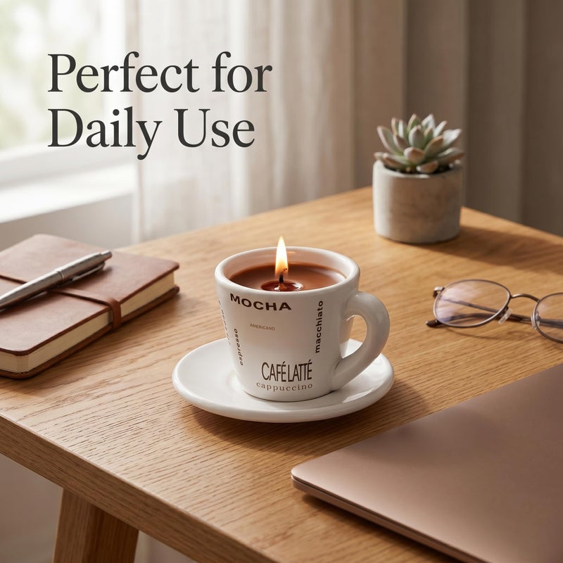 Coffee Scented Candle Set in Porcelain Cup with Holder – Reusable Cup – Elegant Office & Home Decor & Gifts for Coffee Lovers & Aroma Candles - Image 3