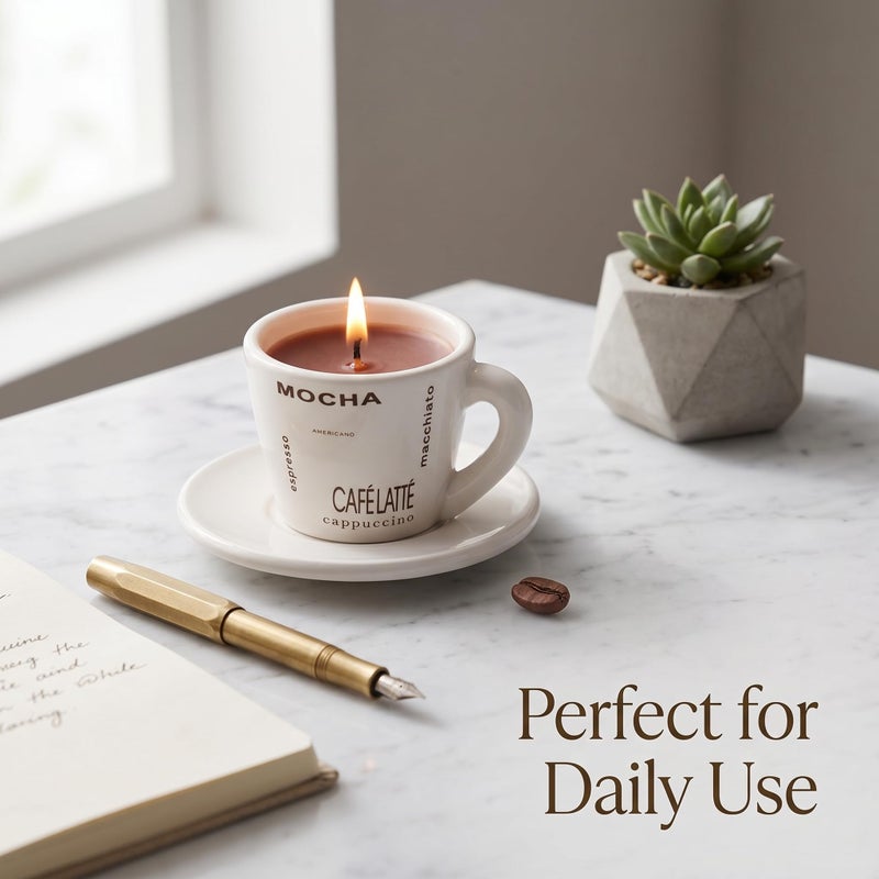Coffee Scented Candle Set in Porcelain Cup with Holder – Reusable Cup – Elegant Office & Home Decor & Gifts for Coffee Lovers & Aroma Candles - Image 5