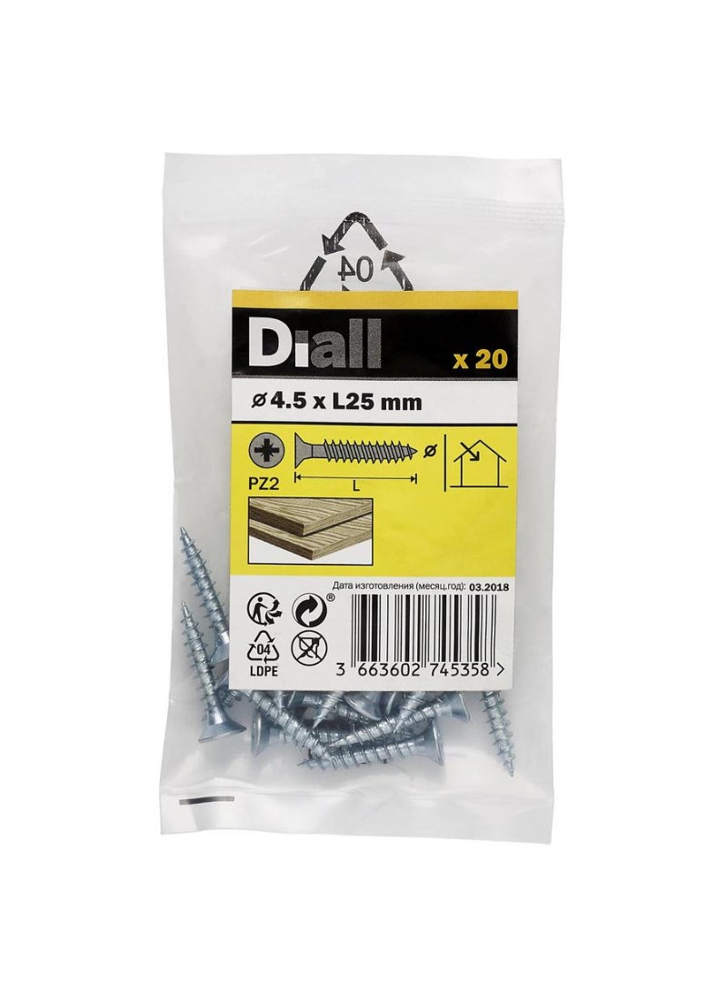 Diall Zinc-Plated Carbon Steel Wood Screw Pack 4.5 x 25mm 20Pcs