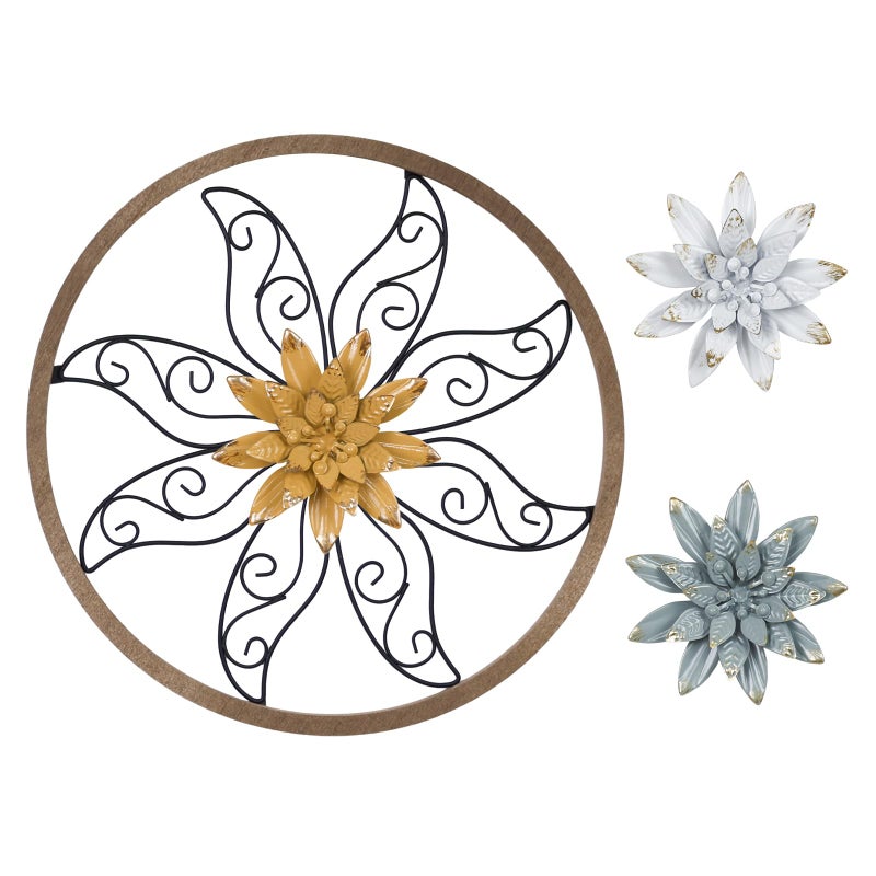 hogardeck Metal Flower Wall Decor - 11" Metal Wood Floral with 3 pcs Interchangeable Flowers Wall Decoration for Bedroom, Living Room, Bathroom, Kitchen, Outdoor Wall Art - Image 1
