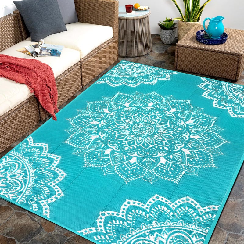 Yamaziot Waterproof Outdoor Rug 5x8 ft, Reversible Plastic Straw Rug for Patio Clearance, Camping, RV Mat, Large Outside Rug Carpet for Porch, Deck, Backyard, Balcony, Picnic (Blue) - Image 1