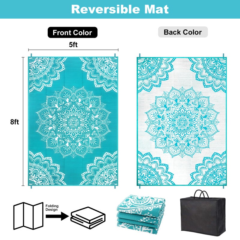 Yamaziot Waterproof Outdoor Rug 5x8 ft, Reversible Plastic Straw Rug for Patio Clearance, Camping, RV Mat, Large Outside Rug Carpet for Porch, Deck, Backyard, Balcony, Picnic (Blue) - Image 2
