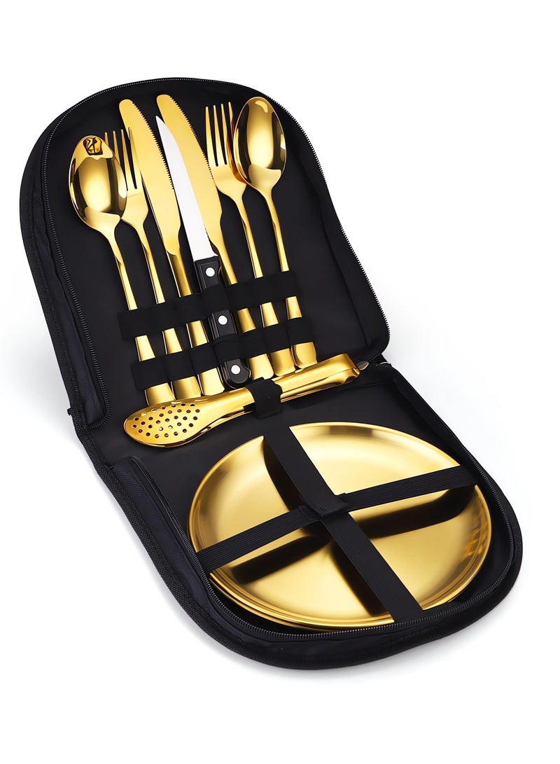 أنمي طقم 10 قطع من سكين محمول وشوكة وملعقة وطبق وطقم مشبك ستيك، طقم أدوات مائدة للتخييم، طقم أدوات مائدة من الفولاذ المقاوم للصدأ في الهواء الطلق لشخصين - Image 1