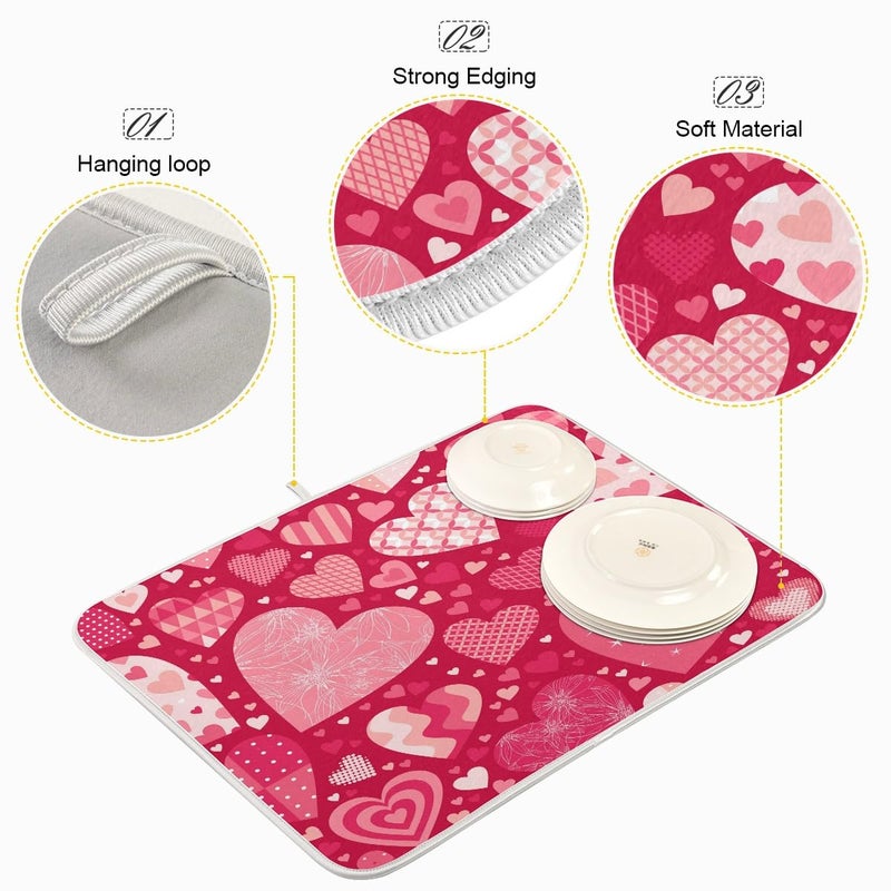 Bolaz Happy Valentines Love Heart Dish Drying Mat, Absorbent Drying Pad Dish Mat Large Kitchen Mat, 16" x 18" - Image 4