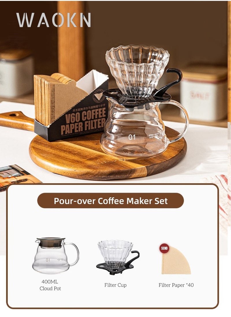 WAOKN Drip Coffee Maker with Glass Coffee Dripper and 40PCS Coffee Filter Flip-Up Home or Office Coffee Maker Pour Over Coffee Pot 