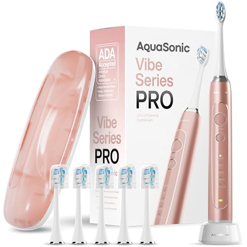 Aquasonic Vibe Series PRO – Ultra-Whitening Electric Toothbrush – 5 Modes & Smart Timers – Premium Travel Case & 6 Proflex Brush Heads – ADA Accepted Toothbrush (Rose Gold) - Image 1
