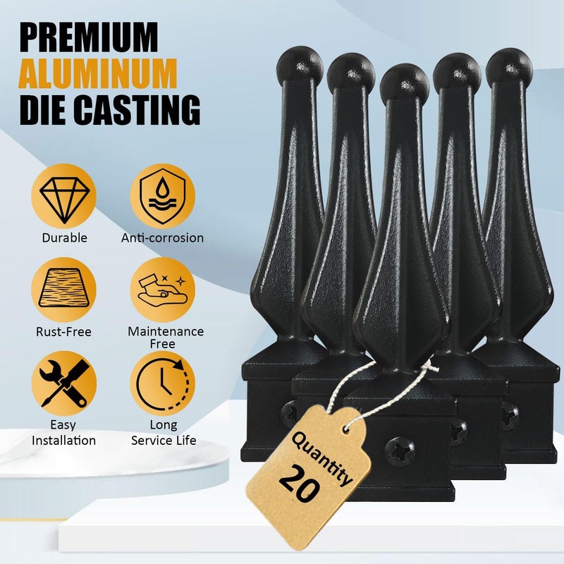 BH Railing Aluminum Imperial Fence Spear Finials, Decorative Railing Topper Caps for Wrought Iron Fence, Durable Rust-Resistant Ornamental Post Cap, Textured Black (20PACK, Fit 3/4'' Picket) - Image 2