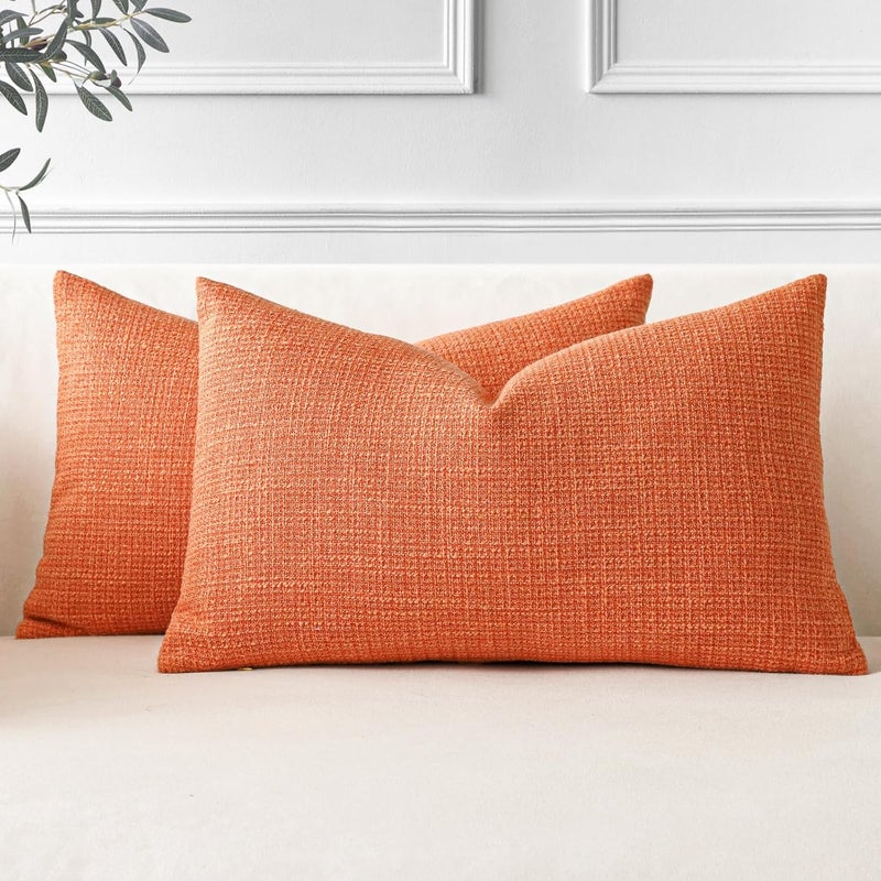 OTOSTAR Set of 2 Decorative Pillow Covers, Linen, Orange, Farmhouse, Decorative, Solid Cushion Covers, 16x24 inches, Lumbar Pillow for Home Decor, Sofa, Couch, Bed, Orange - Image 1